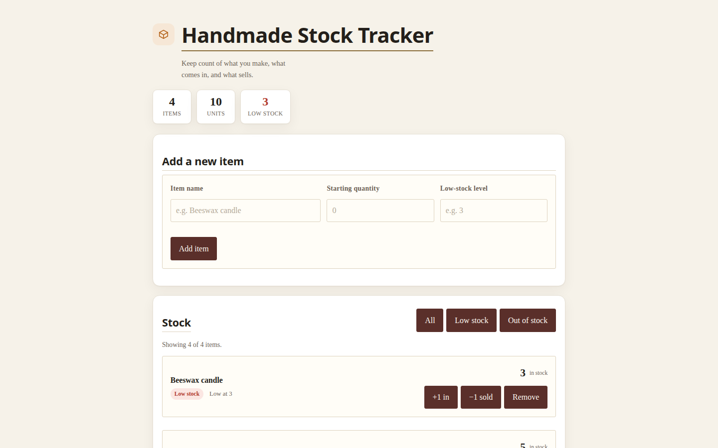 A generated handmade stock tracker with quantities, stock movement buttons and low-stock indicators