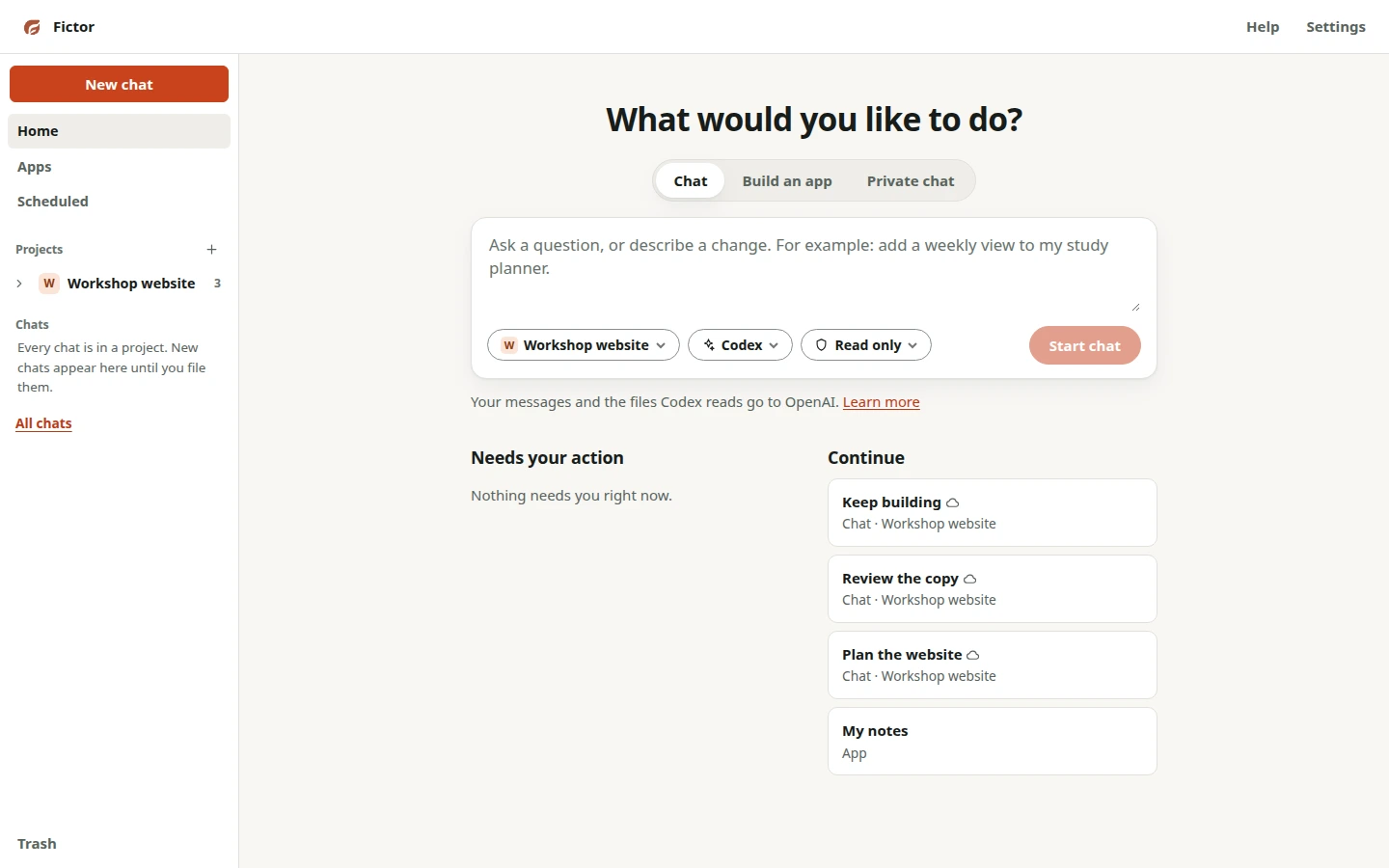 Fictor workspace with sample project conversations and local app navigation