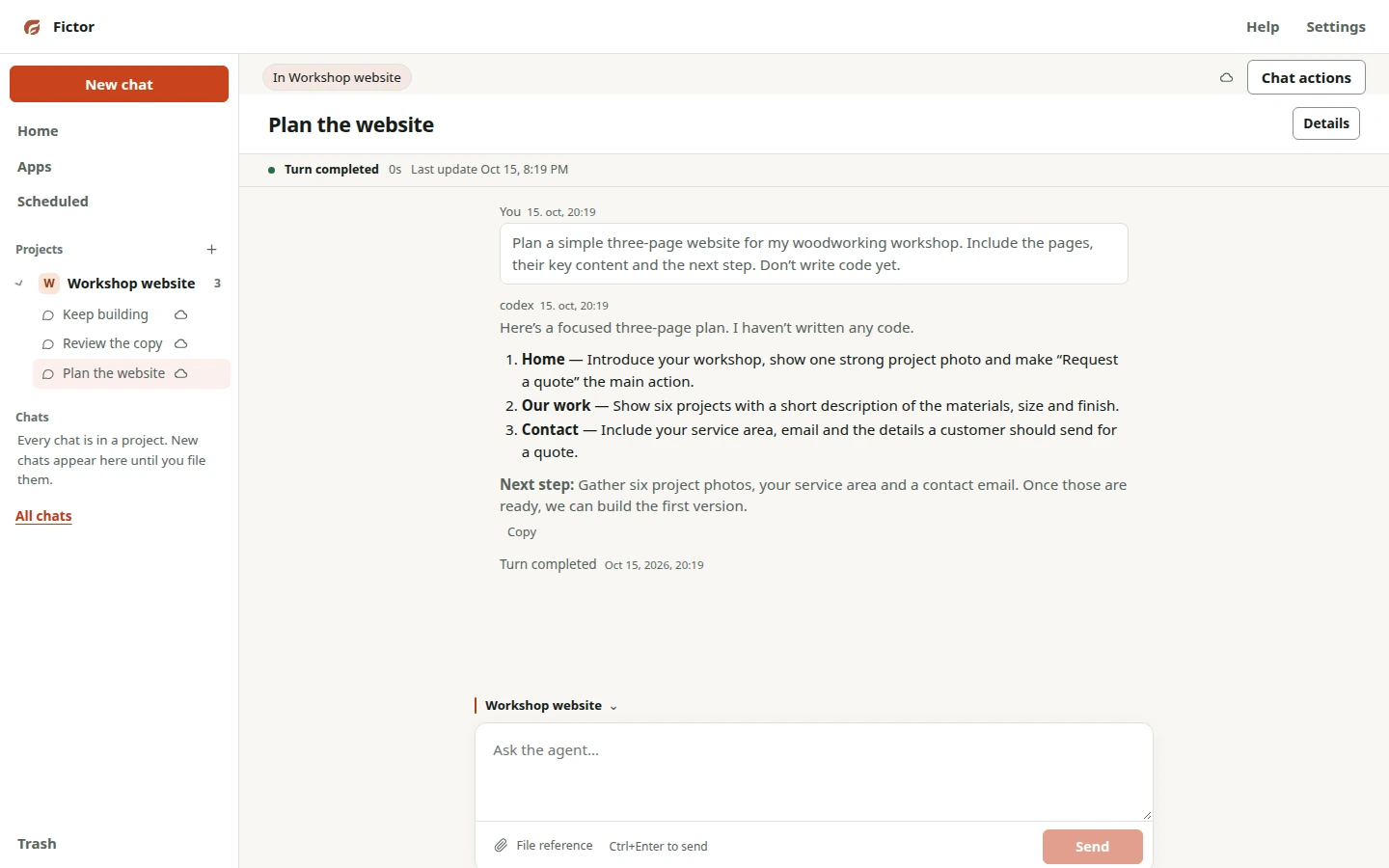 A sample Codex conversation inside Fictor, grouped with its project